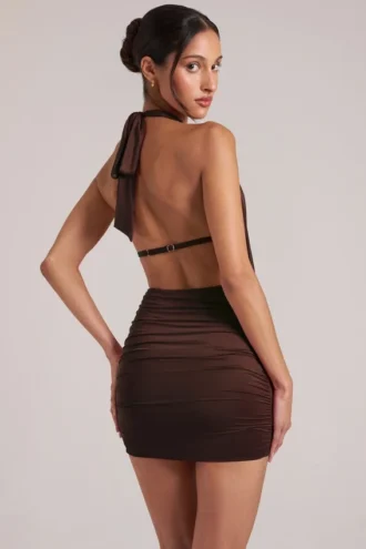 Kael Draped Cowl Mini Dress in Chocolate Brown