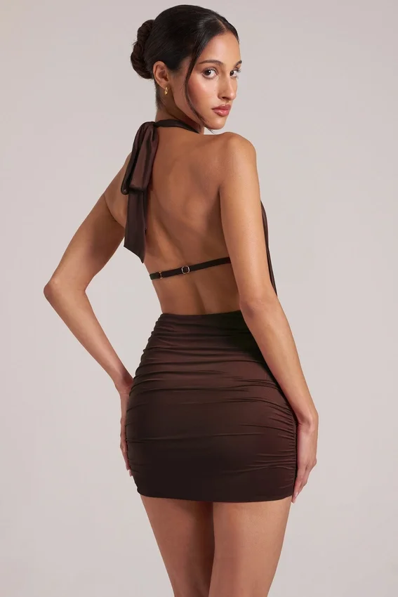 Kael Draped Cowl Mini Dress in Chocolate Brown Kael Draped Cowl Mini Dress in Chocolate Brown