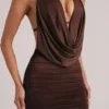 Kael Draped Cowl Mini Dress in Chocolate Brown Kael Draped Cowl Mini Dress in Chocolate Brown