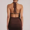 Kael Draped Cowl Mini Dress in Chocolate Brown Kael Draped Cowl Mini Dress in Chocolate Brown