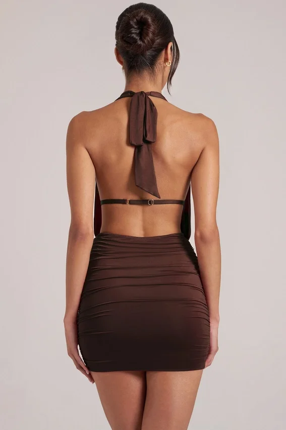 Kael Draped Cowl Mini Dress in Chocolate Brown Kael Draped Cowl Mini Dress in Chocolate Brown