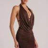 Kael Draped Cowl Mini Dress in Chocolate Brown Kael Draped Cowl Mini Dress in Chocolate Brown