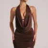 Kael Draped Cowl Mini Dress in Chocolate Brown Kael Draped Cowl Mini Dress in Chocolate Brown