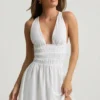 Kaelis Plunge Cross-Back Mini Dress in White Kaelis Plunge Cross-Back Mini Dress in White