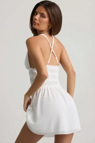 Kaelis Plunge Cross-Back Mini Dress in White
