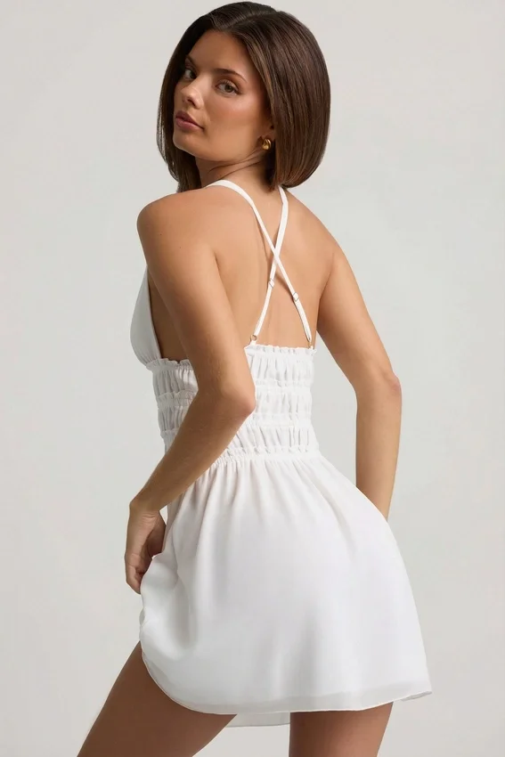 Kaelis Plunge Cross-Back Mini Dress in White Kaelis Plunge Cross-Back Mini Dress in White