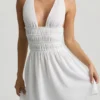 Kaelis Plunge Cross-Back Mini Dress in White Kaelis Plunge Cross-Back Mini Dress in White