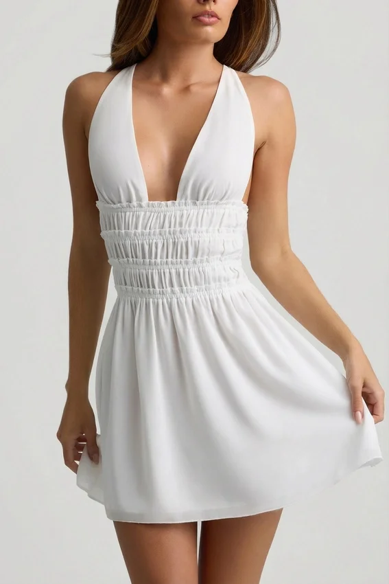 Kaelis Plunge Cross-Back Mini Dress in White Kaelis Plunge Cross-Back Mini Dress in White