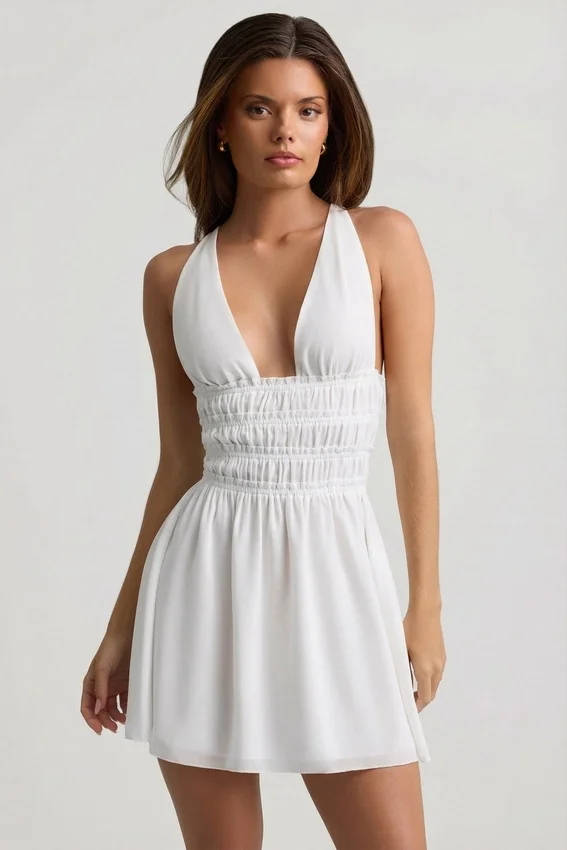 Kaelis Plunge Cross-Back Mini Dress in White Kaelis Plunge Cross-Back Mini Dress in White