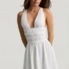 Kaelis Plunge Cross-Back Mini Dress in White Kaelis Plunge Cross-Back Mini Dress in White
