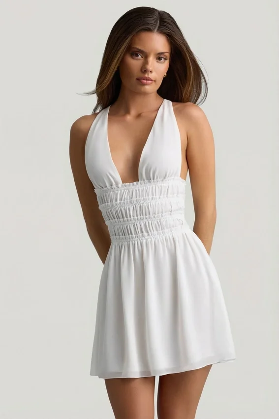 Kaelis Plunge Cross-Back Mini Dress in White Kaelis Plunge Cross-Back Mini Dress in White