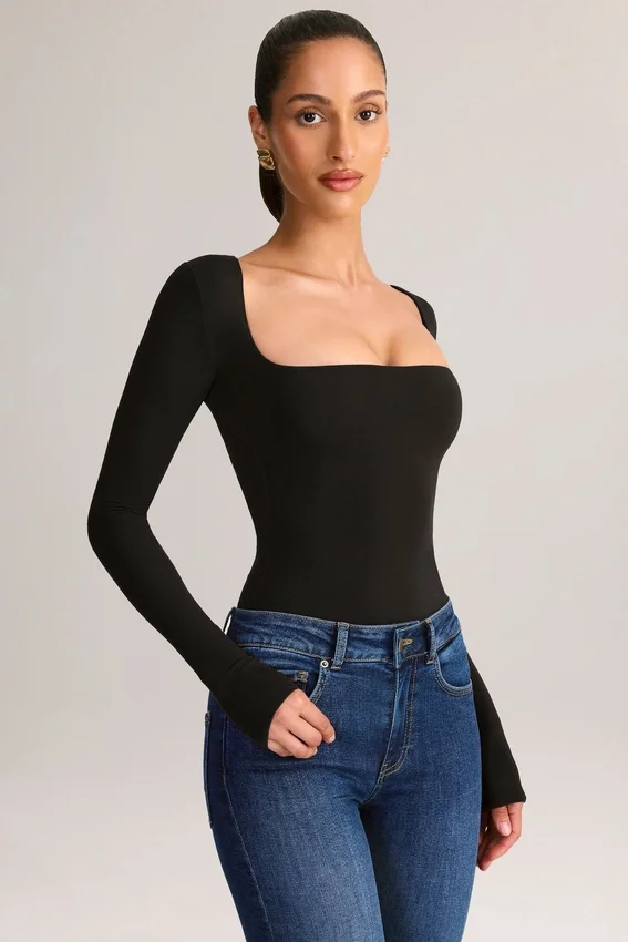 Kaia Modal Square-Neck Long-Sleeve Top in Black Kaia Modal Square-Neck Long-Sleeve Top in Black