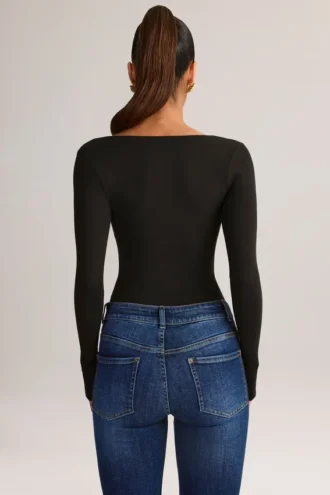 Kaia Modal Square-Neck Long-Sleeve Top in Black