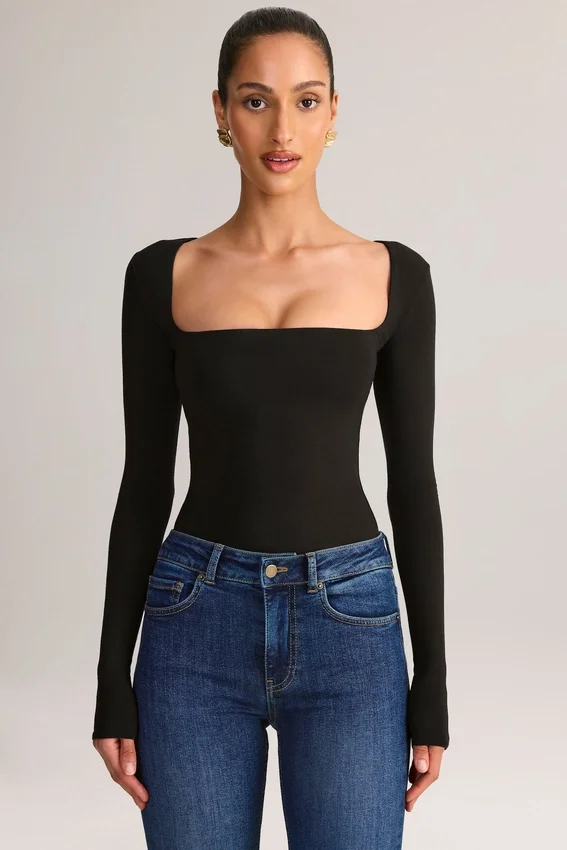 Kaia Modal Square-Neck Long-Sleeve Top in Black Kaia Modal Square-Neck Long-Sleeve Top in Black