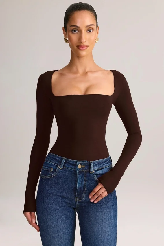 Kaia Modal Square-Neck Long-Sleeve Top in Chocolate Brown Kaia Modal Square-Neck Long-Sleeve Top in Chocolate Brown