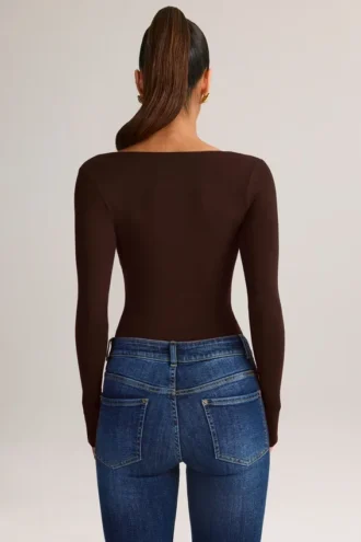 Kaia Modal Square-Neck Long-Sleeve Top in Chocolate Brown
