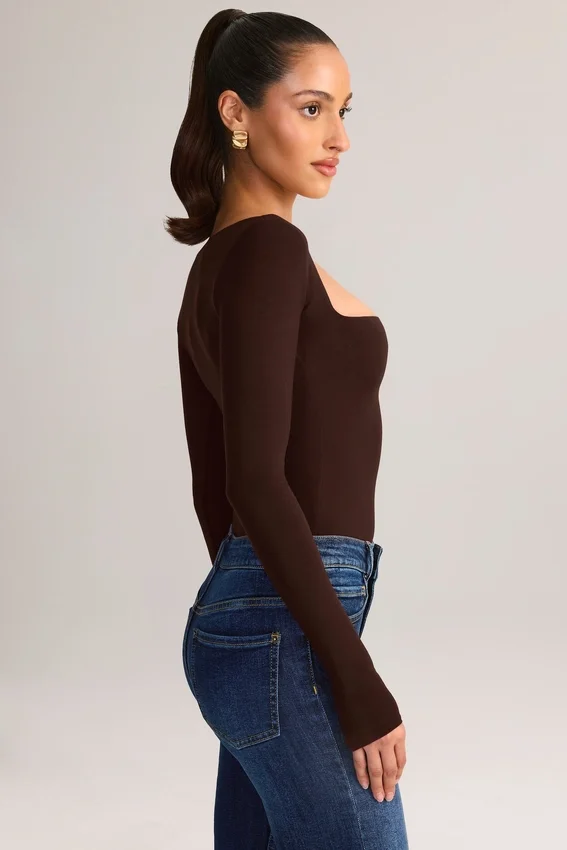 Kaia Modal Square-Neck Long-Sleeve Top in Chocolate Brown Kaia Modal Square-Neck Long-Sleeve Top in Chocolate Brown
