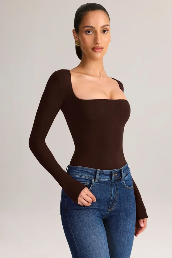 Kaia Modal Square-Neck Long-Sleeve Top in Chocolate Brown Kaia Modal Square-Neck Long-Sleeve Top in Chocolate Brown