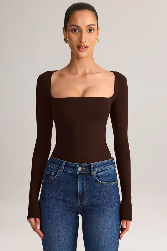 Kaia Modal Square-Neck Long-Sleeve Top in Chocolate Brown Kaia Modal Square-Neck Long-Sleeve Top in Chocolate Brown
