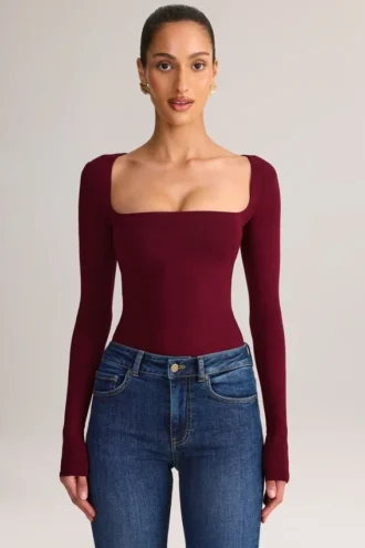 Kaia Modal Square-Neck Long-Sleeve Top in Wine