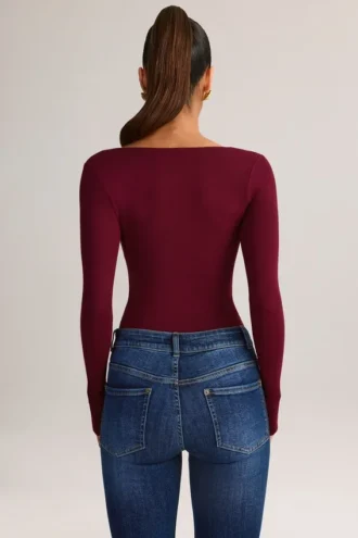 Kaia Modal Square-Neck Long-Sleeve Top in Wine