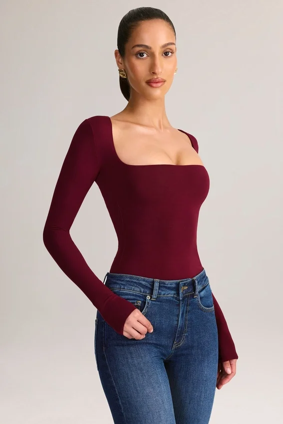 Kaia Modal Square-Neck Long-Sleeve Top in Wine Kaia Modal Square-Neck Long-Sleeve Top in Wine