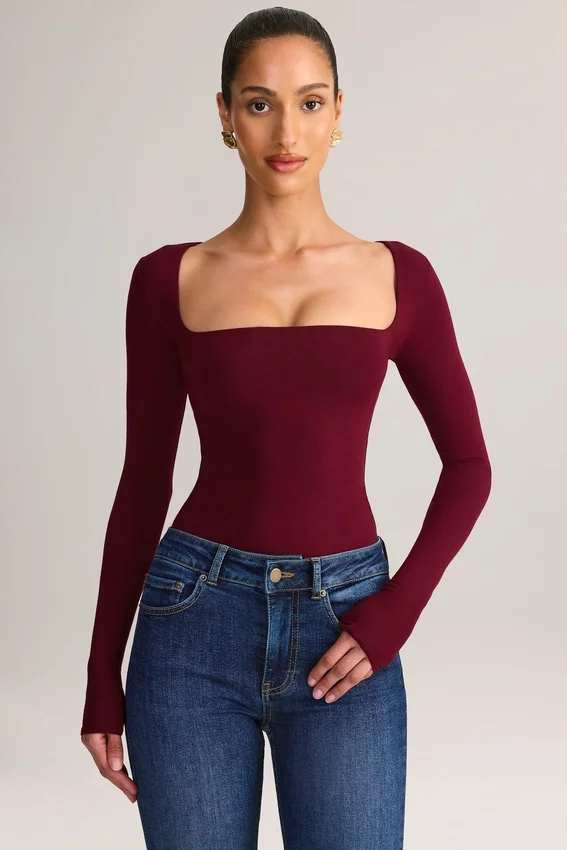 Kaia Modal Square-Neck Long-Sleeve Top in Wine Kaia Modal Square-Neck Long-Sleeve Top in Wine