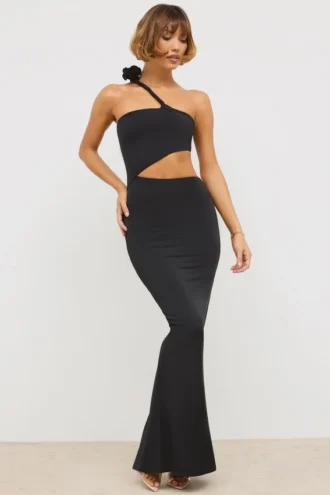 Kalina Jersey Asymmetric Cut Out Maxi Dress in Black