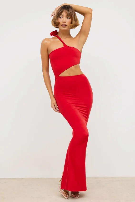 Kalina Jersey Asymmetric Cut Out Maxi Dress in Scarlet Red Kalina Jersey Asymmetric Cut Out Maxi Dress in Scarlet Red