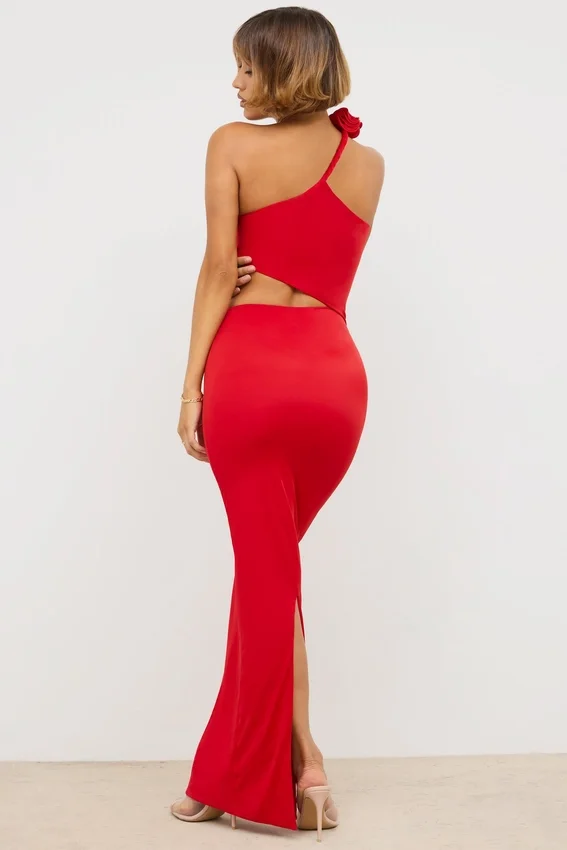 Kalina Jersey Asymmetric Cut Out Maxi Dress in Scarlet Red Kalina Jersey Asymmetric Cut Out Maxi Dress in Scarlet Red