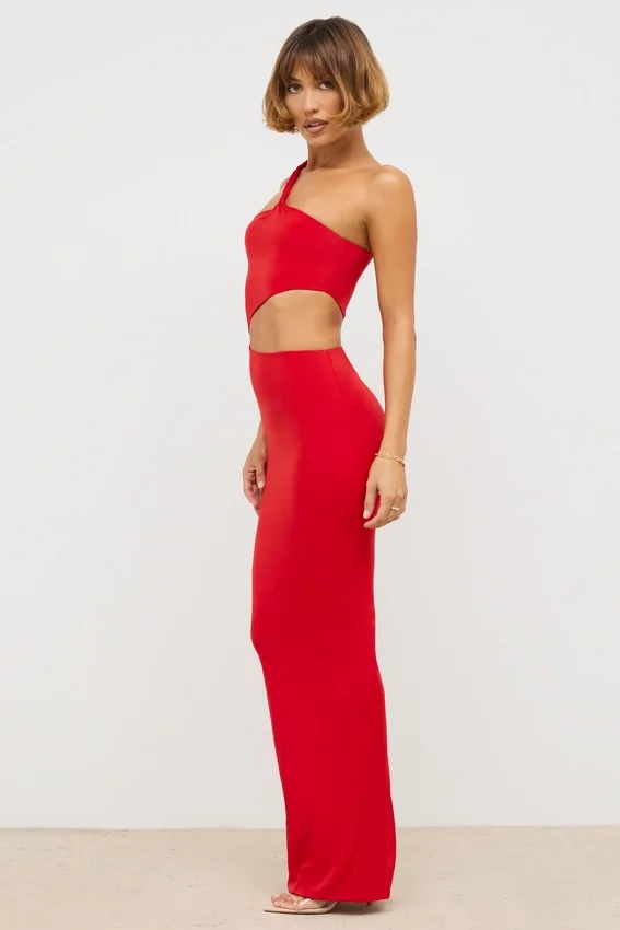 Kalina Jersey Asymmetric Cut Out Maxi Dress in Scarlet Red Kalina Jersey Asymmetric Cut Out Maxi Dress in Scarlet Red
