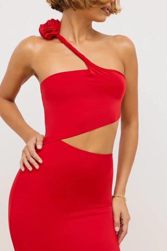 Kalina Jersey Asymmetric Cut Out Maxi Dress in Scarlet Red Kalina Jersey Asymmetric Cut Out Maxi Dress in Scarlet Red