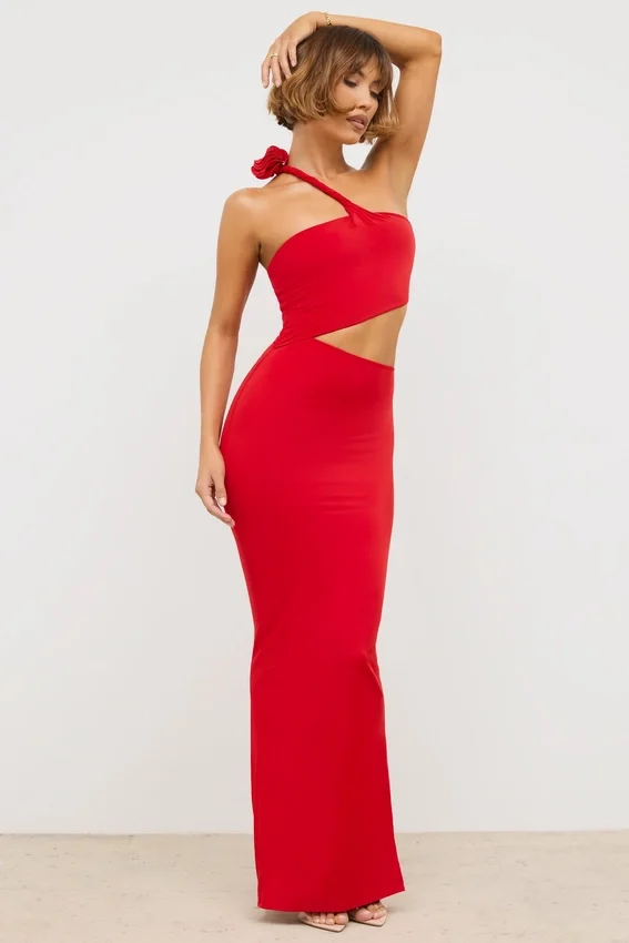 Kalina Jersey Asymmetric Cut Out Maxi Dress in Scarlet Red Kalina Jersey Asymmetric Cut Out Maxi Dress in Scarlet Red