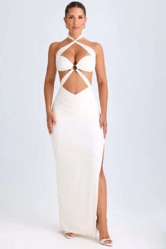 Kalyani Cut-Out Ruched Halterneck Maxi Dress in White