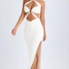 Kalyani Cut-Out Ruched Halterneck Maxi Dress in White