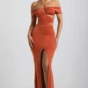 Karleen Slinky Jersey Cut-Out Halterneck Gown in Burnt Orange Karleen Slinky Jersey Cut-Out Halterneck Gown in Burnt Orange