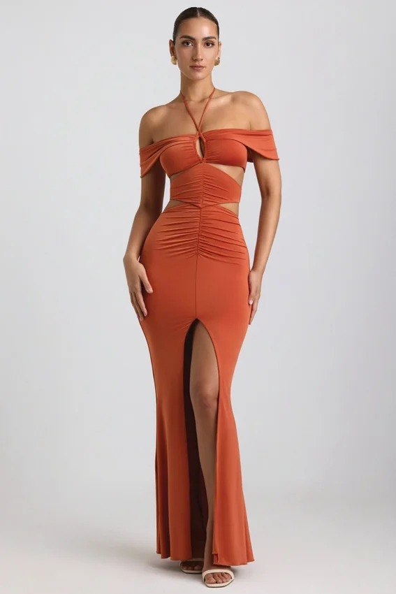 Karleen Slinky Jersey Cut-Out Halterneck Gown in Burnt Orange Karleen Slinky Jersey Cut-Out Halterneck Gown in Burnt Orange