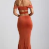 Karleen Slinky Jersey Cut-Out Halterneck Gown in Burnt Orange Karleen Slinky Jersey Cut-Out Halterneck Gown in Burnt Orange