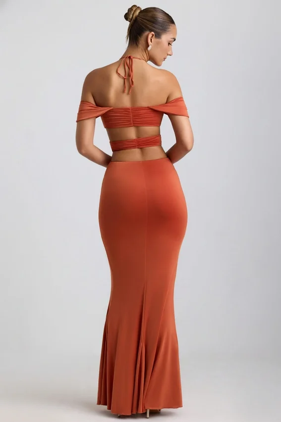 Karleen Slinky Jersey Cut-Out Halterneck Gown in Burnt Orange Karleen Slinky Jersey Cut-Out Halterneck Gown in Burnt Orange
