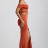 Karleen Slinky Jersey Cut-Out Halterneck Gown in Burnt Orange Karleen Slinky Jersey Cut-Out Halterneck Gown in Burnt Orange