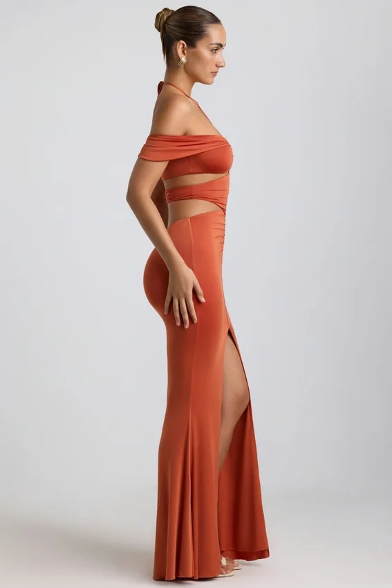 Karleen Slinky Jersey Cut-Out Halterneck Gown in Burnt Orange Karleen Slinky Jersey Cut-Out Halterneck Gown in Burnt Orange