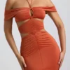 Karleen Slinky Jersey Cut-Out Halterneck Gown in Burnt Orange Karleen Slinky Jersey Cut-Out Halterneck Gown in Burnt Orange