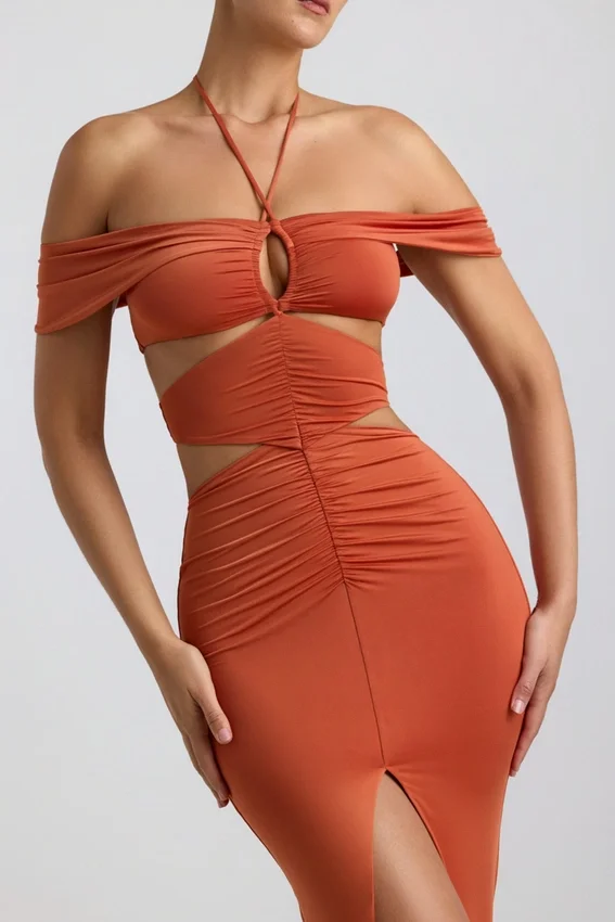 Karleen Slinky Jersey Cut-Out Halterneck Gown in Burnt Orange Karleen Slinky Jersey Cut-Out Halterneck Gown in Burnt Orange