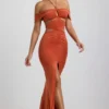 Karleen Slinky Jersey Cut-Out Halterneck Gown in Burnt Orange Karleen Slinky Jersey Cut-Out Halterneck Gown in Burnt Orange
