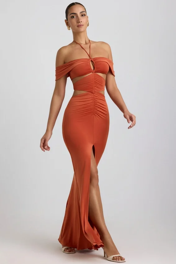 Karleen Slinky Jersey Cut-Out Halterneck Gown in Burnt Orange Karleen Slinky Jersey Cut-Out Halterneck Gown in Burnt Orange