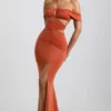 Karleen Slinky Jersey Cut-Out Halterneck Gown in Burnt Orange Karleen Slinky Jersey Cut-Out Halterneck Gown in Burnt Orange