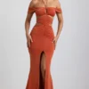 Karleen Slinky Jersey Cut-Out Halterneck Gown in Burnt Orange Karleen Slinky Jersey Cut-Out Halterneck Gown in Burnt Orange