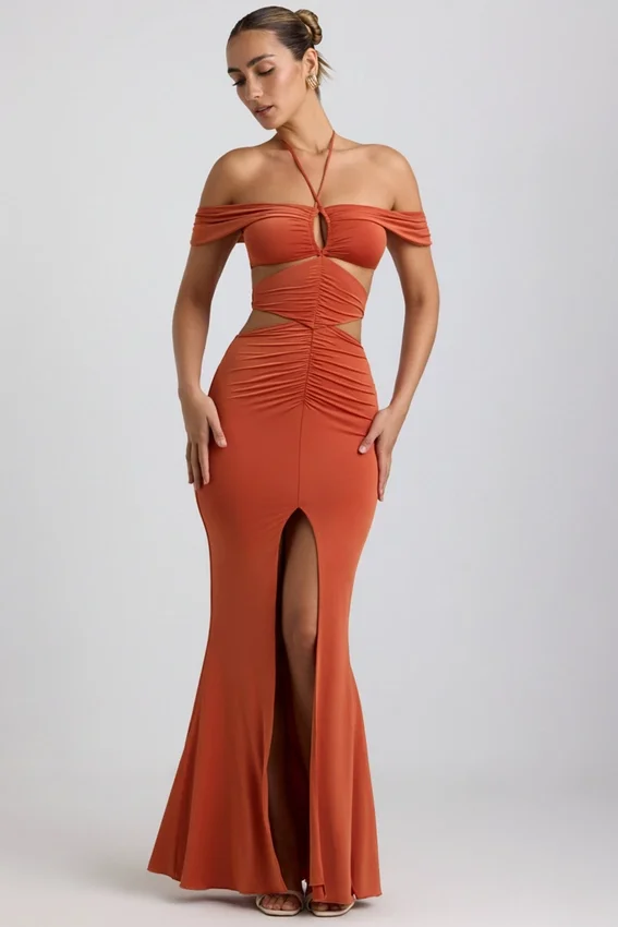 Karleen Slinky Jersey Cut-Out Halterneck Gown in Burnt Orange Karleen Slinky Jersey Cut-Out Halterneck Gown in Burnt Orange