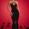 Kassie Embellished Cut-Out Halterneck Gown in Black