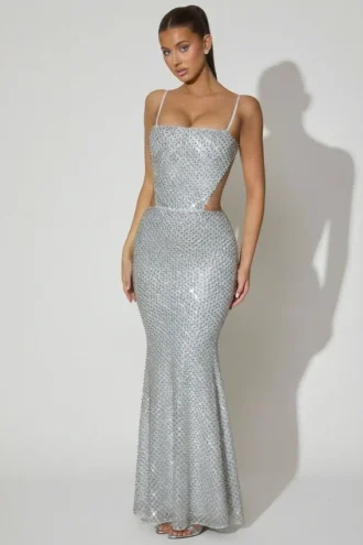 Katalia Embellished Cut-Out Gown in Silver